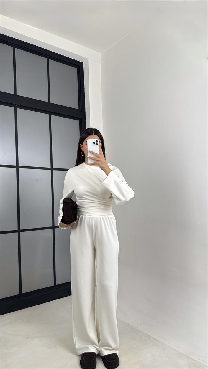 Ekru Yarasa Kol Bluz Beli Lastikli Pantolon Tasarım Modal Takım GAUS-00572