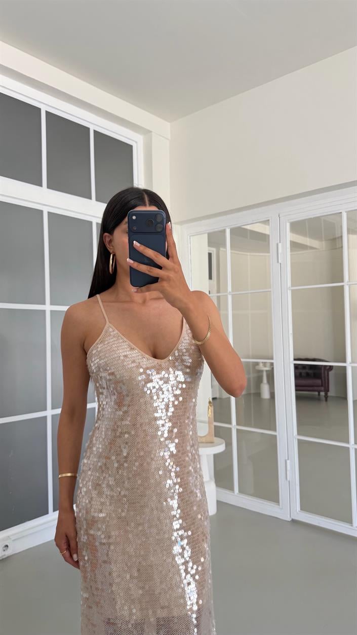 Bej Ayarlanabilir Askılı Astarlı Pullu Elbise GAUS-01684