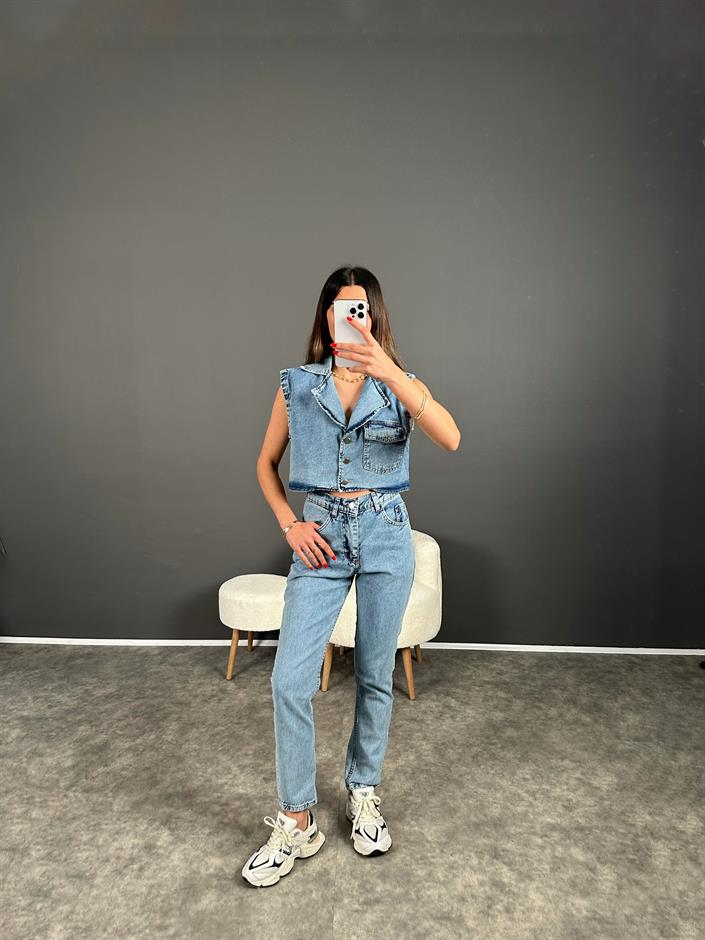 Amio Mavi Yelekli Denim Takım 