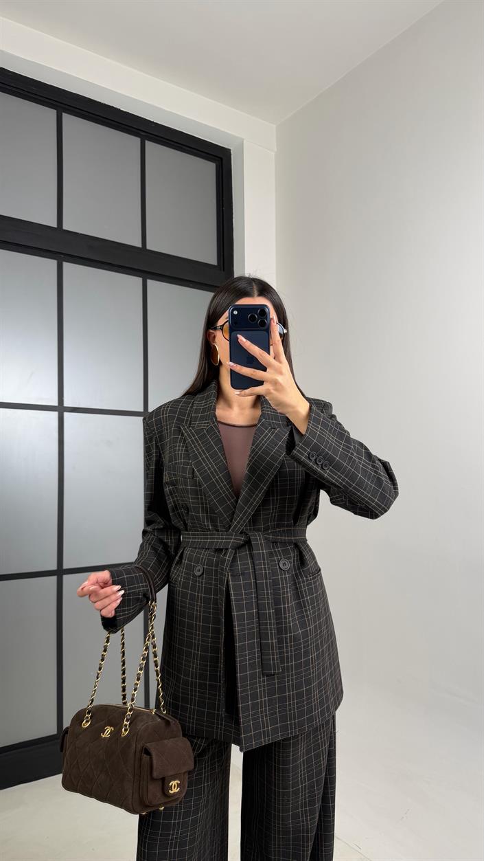 Füme Vatkalı Astarlı Kuşaklı Premium Desenli Ceket GAUS-00910