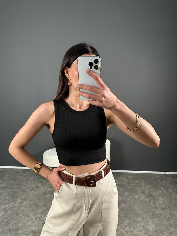 Siyah Fitilli Atlet Crop 
