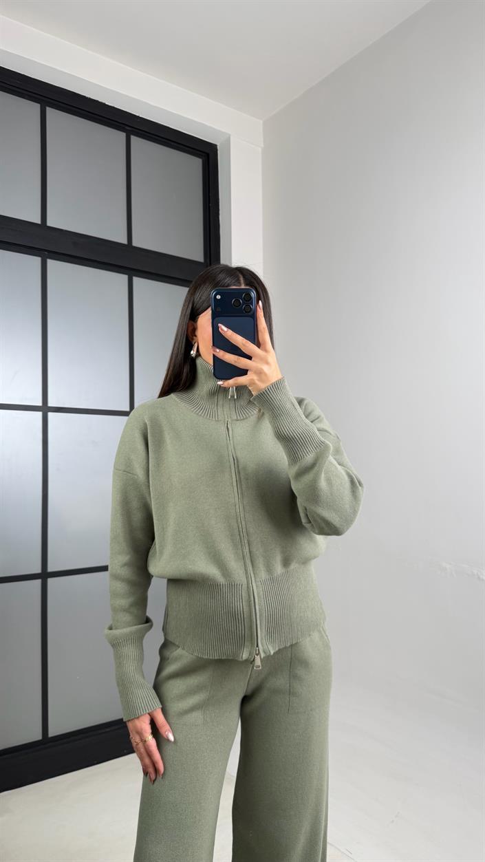 Yeşil Çift Fermuarlı Hırka Beli Lastikli Pantolon Triko Takım GAUS-01090