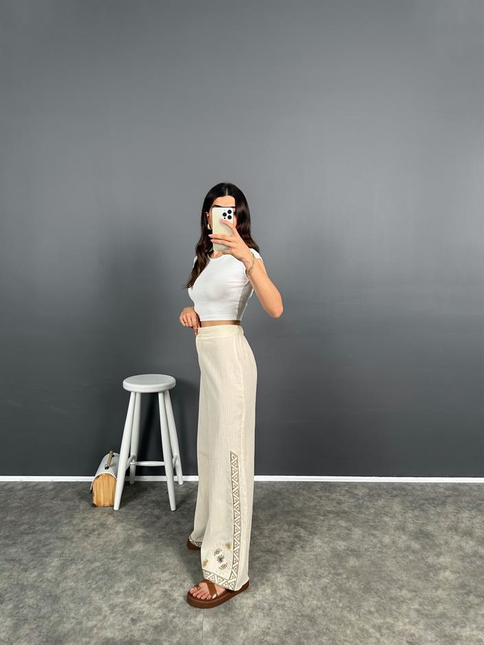 Cans Ekru Nakış İşlemeli Keten Karışımlı Bol Paça Pantolon