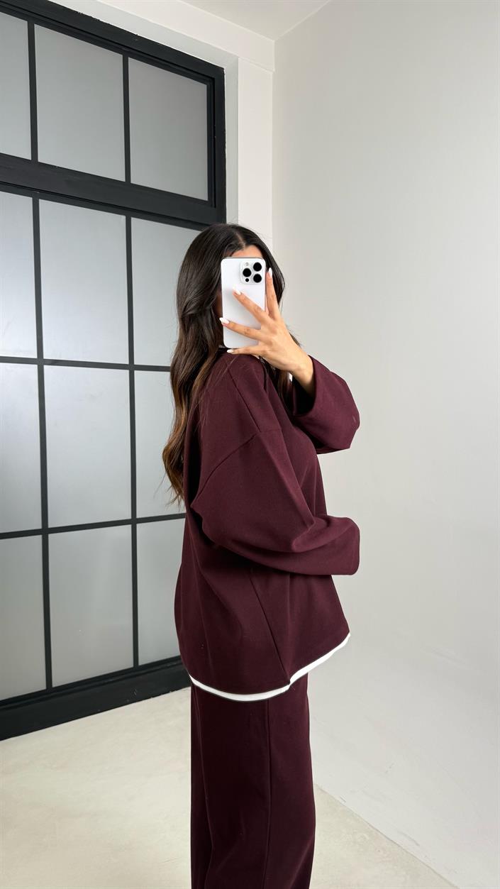 Mürdüm Tshirt Detaylı Kazak Beli Lastikli Pantolon İkili Triko Takım GAUS-00485
