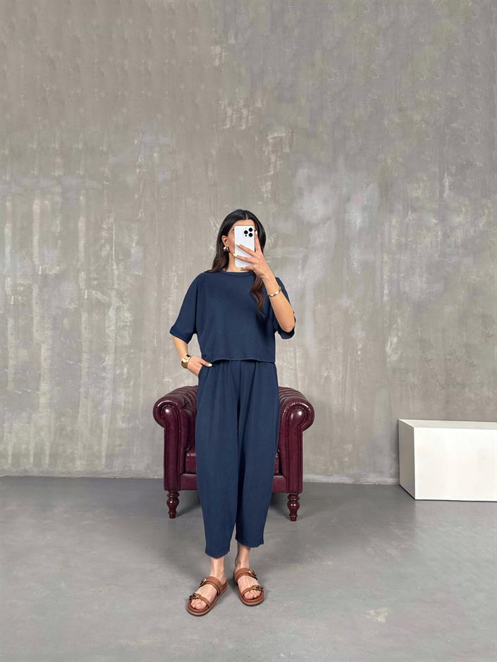 Lacivert Bisiklet Yaka Tshirt Pantolon Basic Yıkamalı Modal Takım Gaus00143