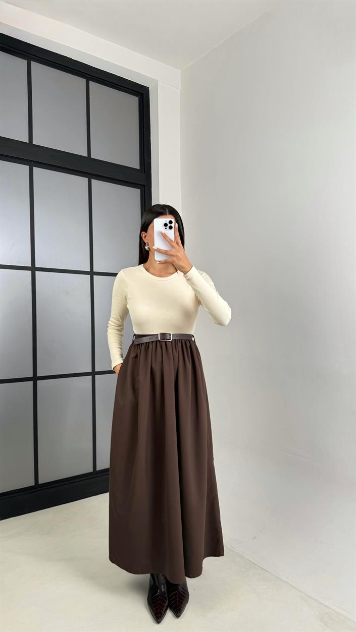 Kahve Uzun Kol Beli Lastikli Kemerli Elbise GAUS-01214
