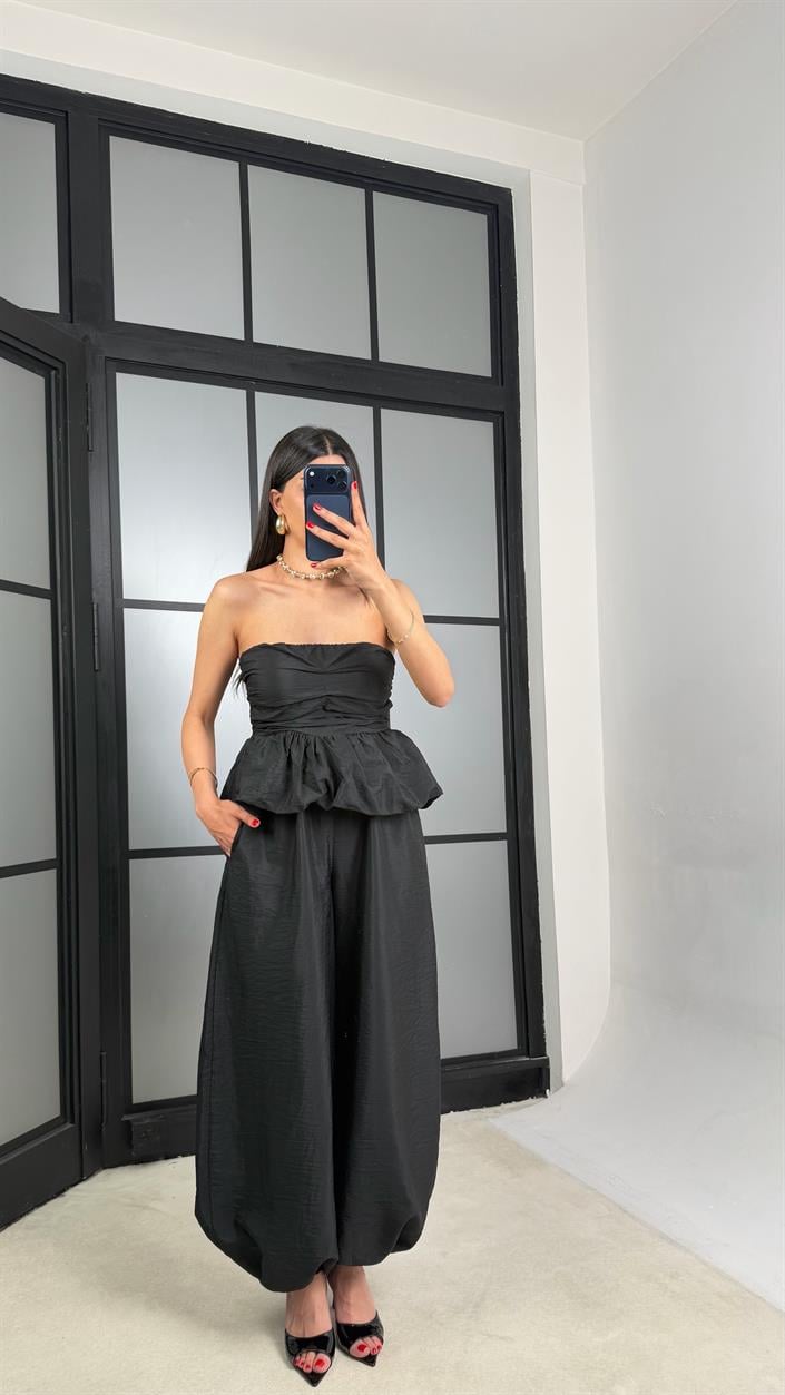 Siyah Balon Bluz Beli Lastikli Şalvar Pantolon İkili Premium Takım GAUS-01569