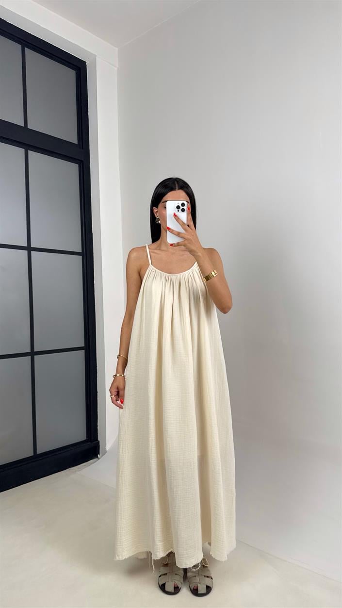 Taş Ayarlanabilir Askılı Astarlı Müslin Elbise Gaus00694