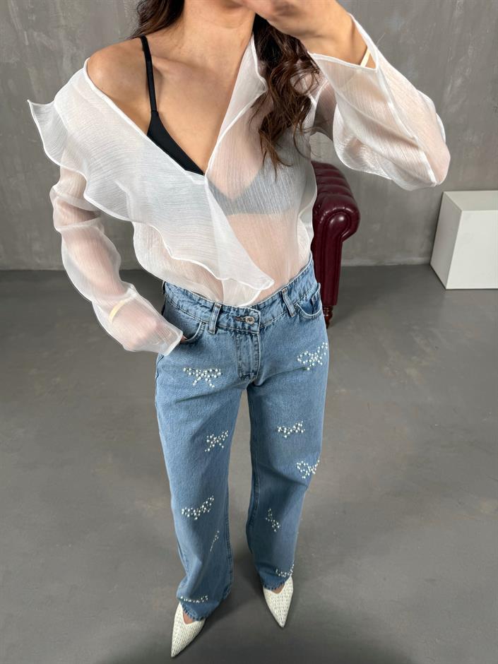 Ezy Mavi İnci Fiyonk Detaylı Jean 