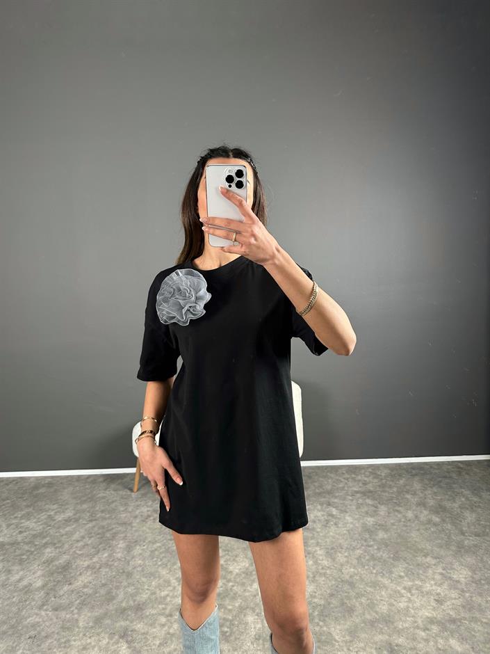 Siyah Gri Çiçekli Basic Tshirt