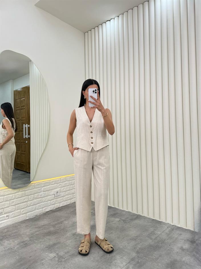 Taş Yelekli Beli Lastikli Pantolon İkili Keten Takım Gaus00276