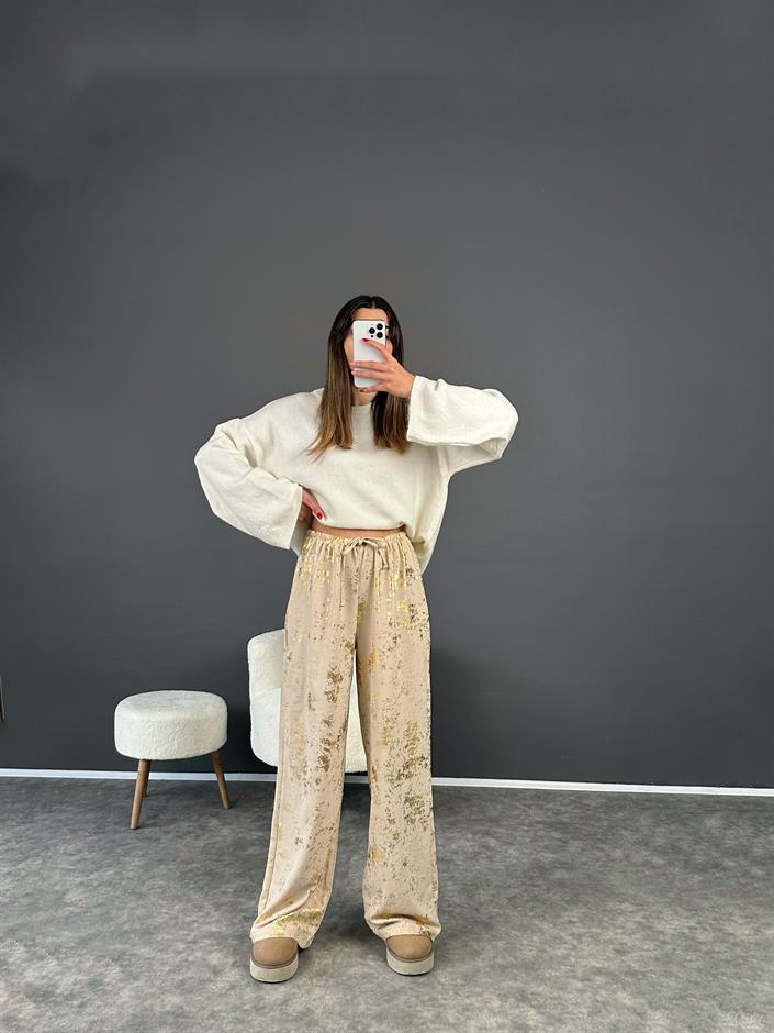 Bej Varak Baskılı İp Bağlamalı Pantolon