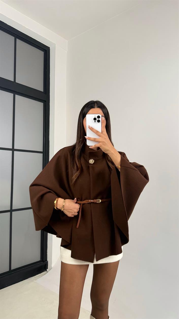 Acı Kahve Gina ZR Model Kemerli Kaşe Panço GAUS-0091