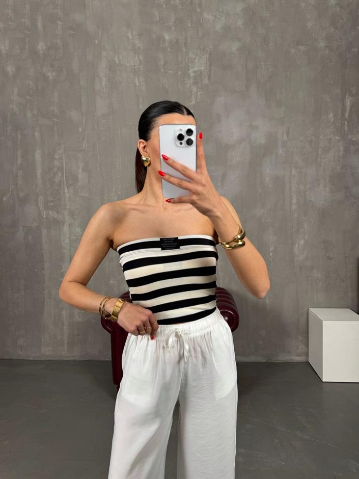 Siyah Beyaz Çizgili Straplez Crop Gaus00213