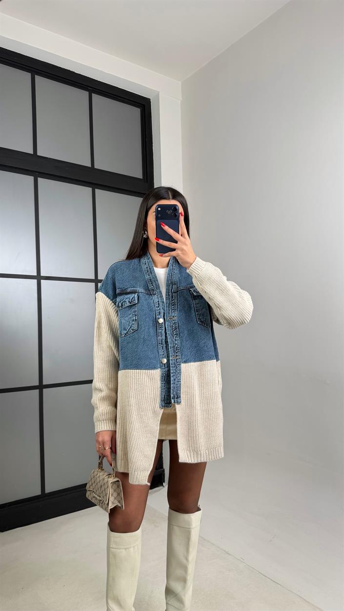 Taş Denim Detaylı Triko Hırka GAUS-01002