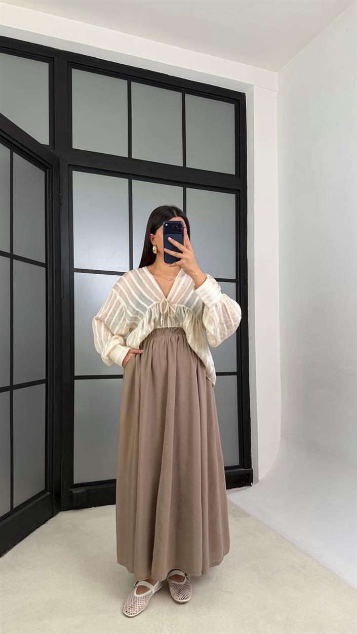 Vizon Beli Lastikli Cepli Tencel Etek GAUS-01203