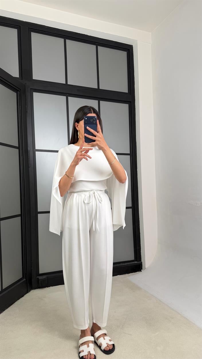 Beyaz Pelerin Detaylı Bluz Beli Lastikli Pantolon İkili Tasarım Modal Takım GAUS-01499