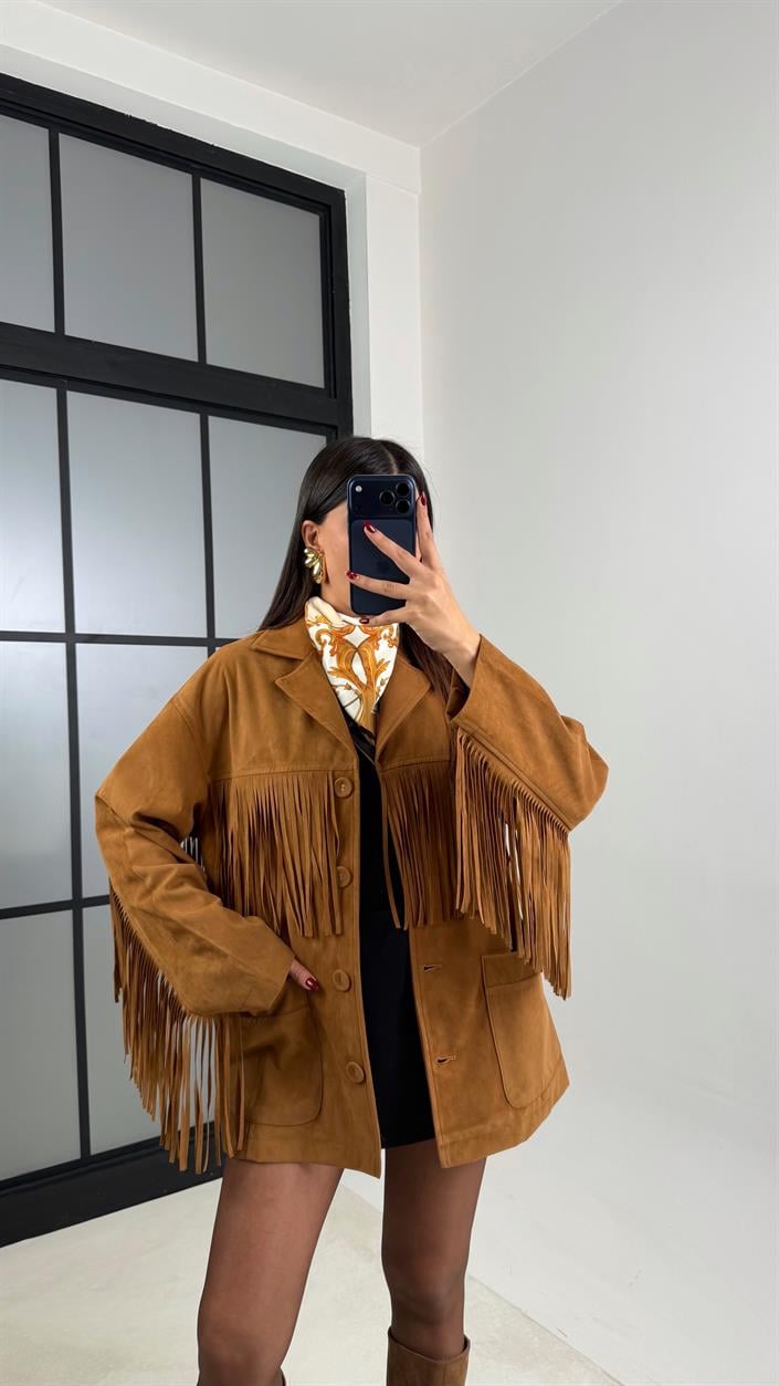 Camel Püskül Detaylı Astarlı Süet Ceket GAUS-00682