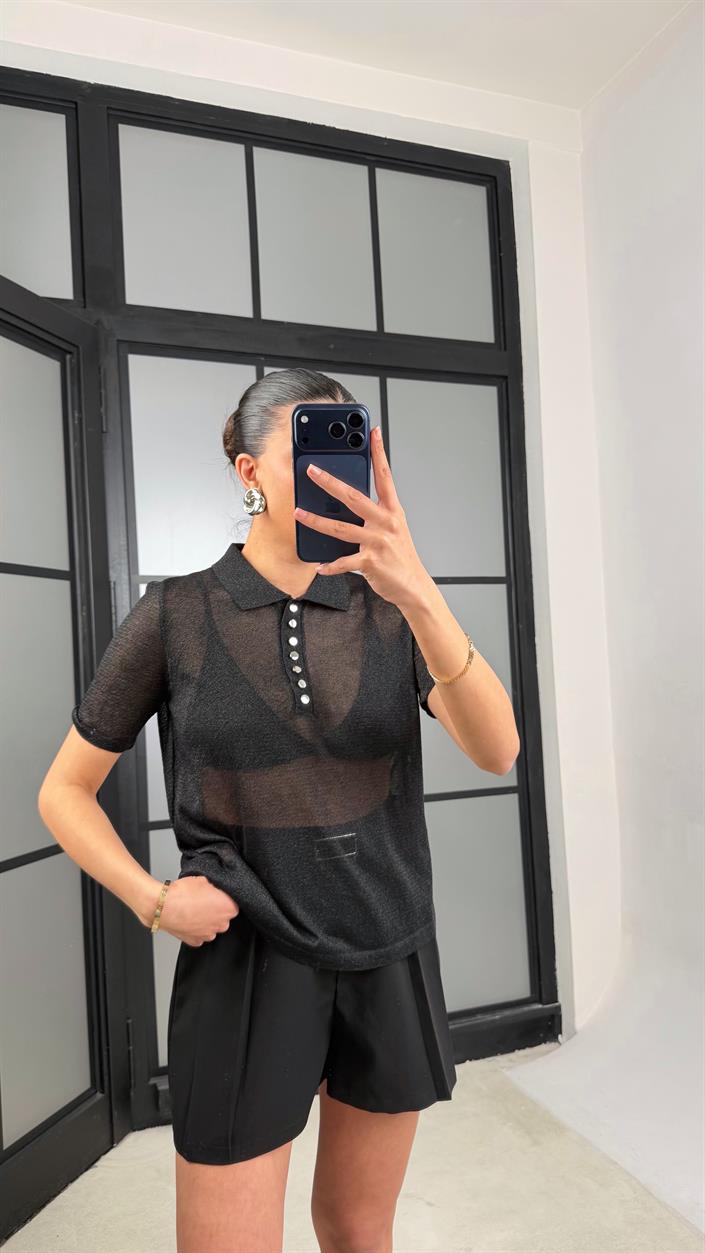 Siyah Polo Yaka Simli Transparan Bluz GAUS-01325