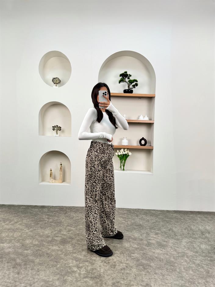 Regan Bej Leoparlı Önden Bağlamalı Pantolon