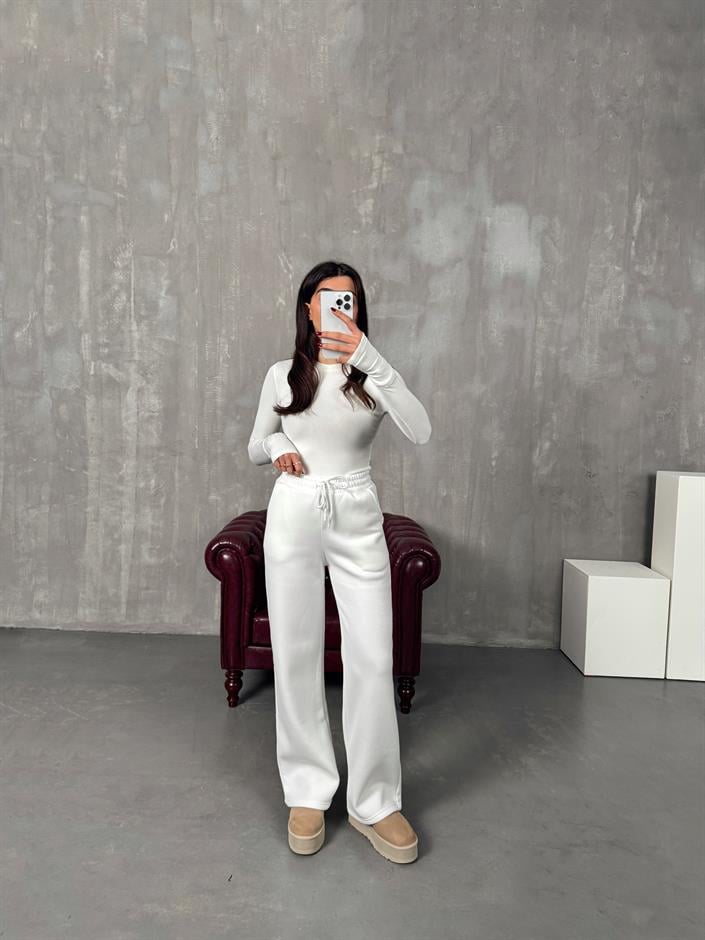 Seps Beyaz Üç İplik Şardonlu Cepli Eşofman Altı