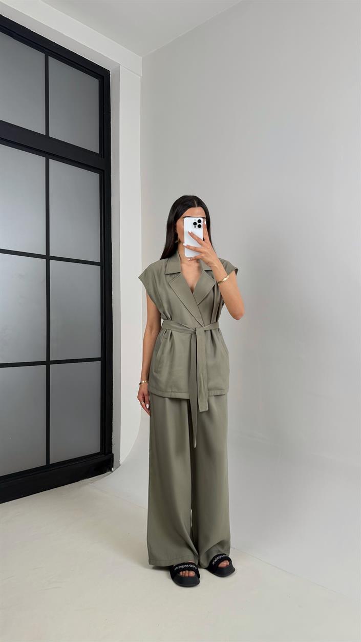 Haki Cepli Kuşaklı Yelek Beli Lastikli Pantolon Tencel Takım Gaus00433