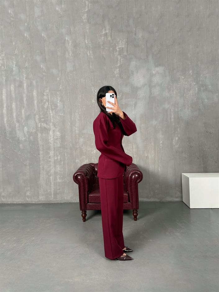 Roni Bordo Belden Oturtmalı Ceket Pantolon Premium Takım