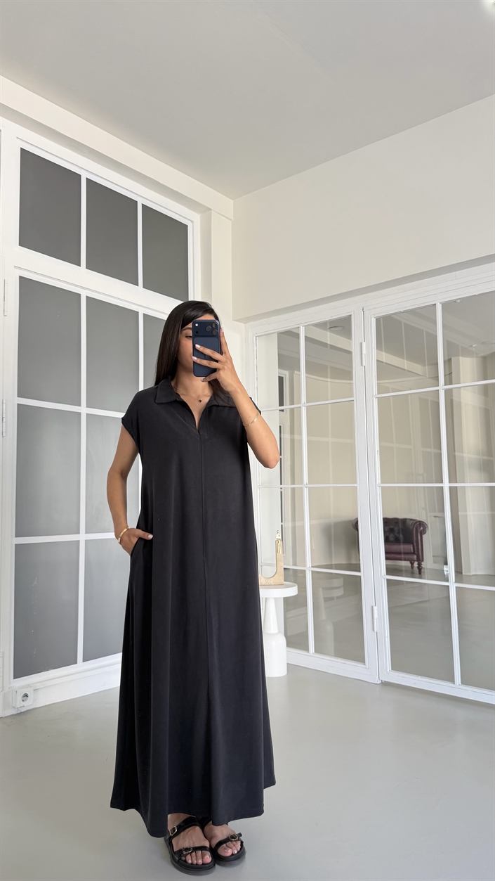 Siyah OYS Model Polo Yaka Basic Elbise GAUS-01728
