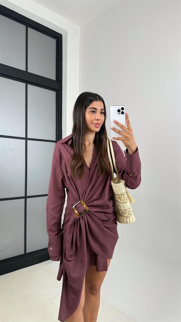 Bordo Toka Detaylı Premium Keten Elbise Gaus00689