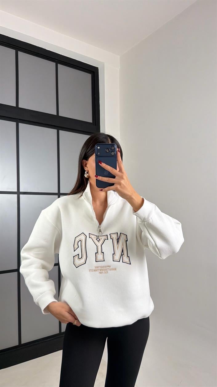 Beyaz Fermuarlı NYC Nakışlı Sweatshirt GAUS-00797