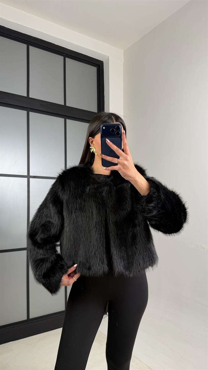 Siyah Astarlı Muadil Crop Kürk GAUS-01103