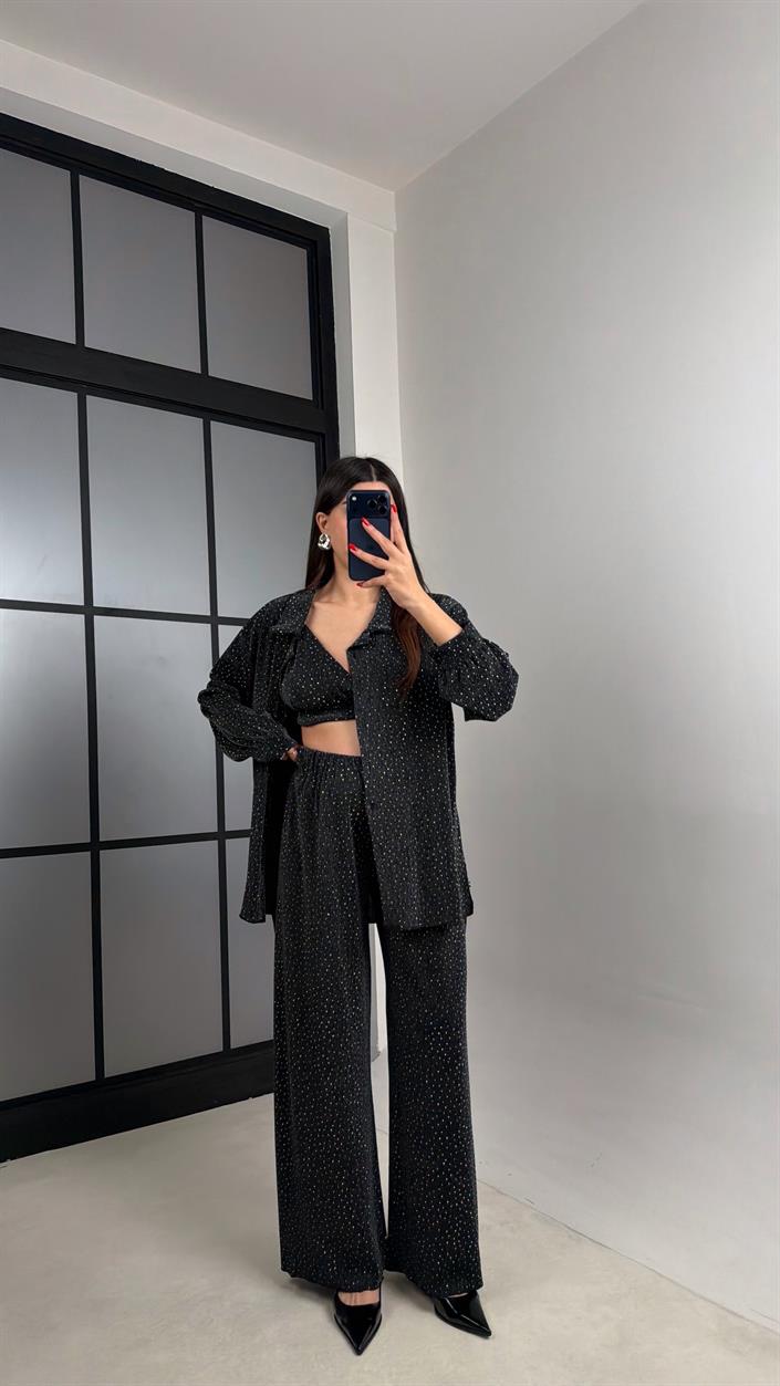 Siyah Taş Detaylı Gömlek Crop Beli Lastikli Pantolon Tasarım Takım GAUS-00919