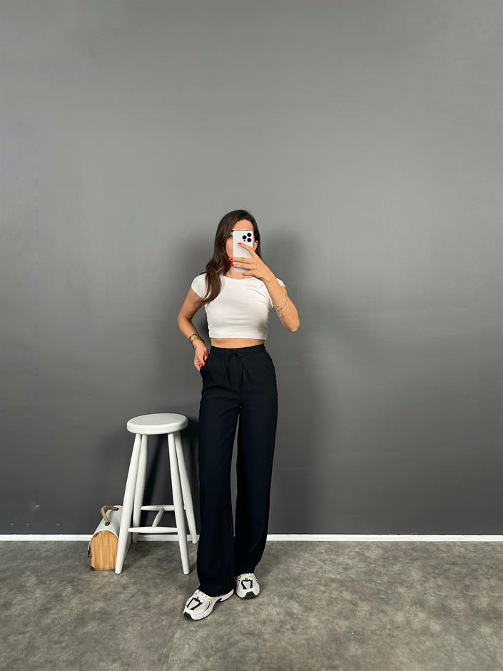 Flay Siyah İthal Kumaş ZR Model Bel Bağlamalı Rahat Pantolon