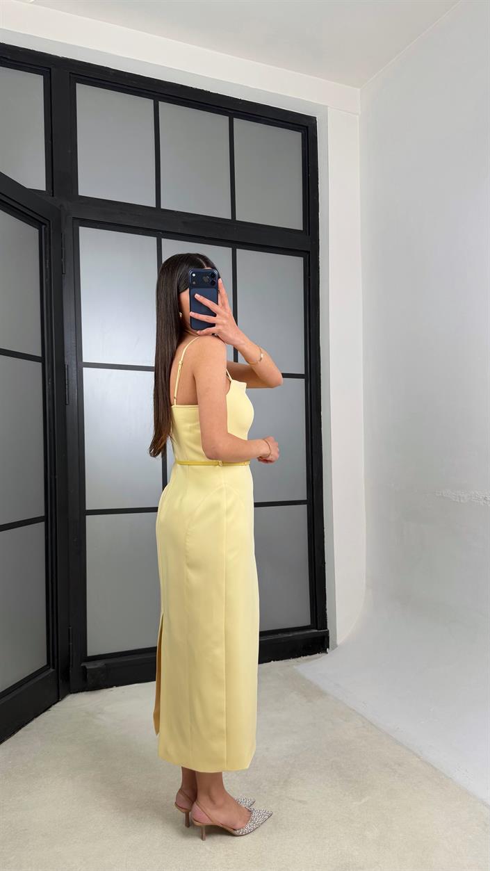 Sarı Gold Toka Detaylı Kemerli Ayarlanabilir Askılı Elbise GAUS-01403
