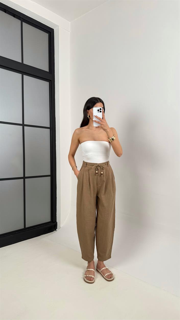 Kahve Cepli Kuşaklı Balon Keten Pantolon Gaus00383
