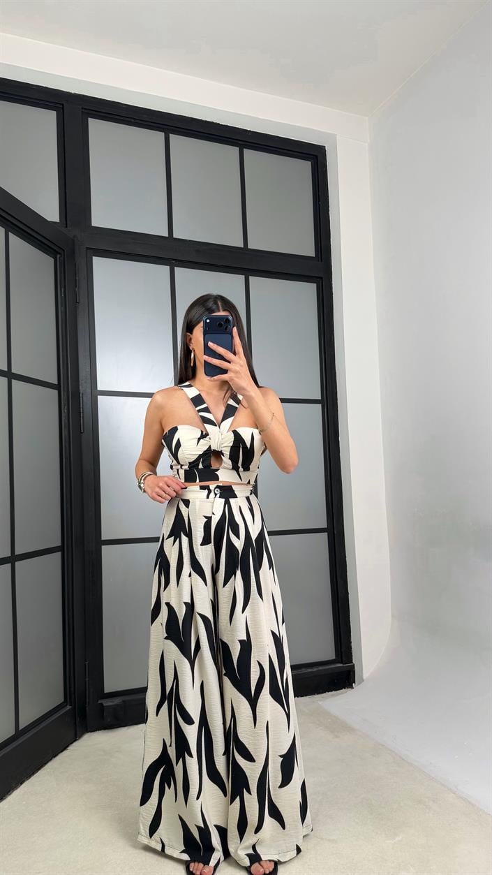 Ekru Desenli Beli Lastikli Crop Cepli Pantolon İkili Premium Takım GAUS-01390