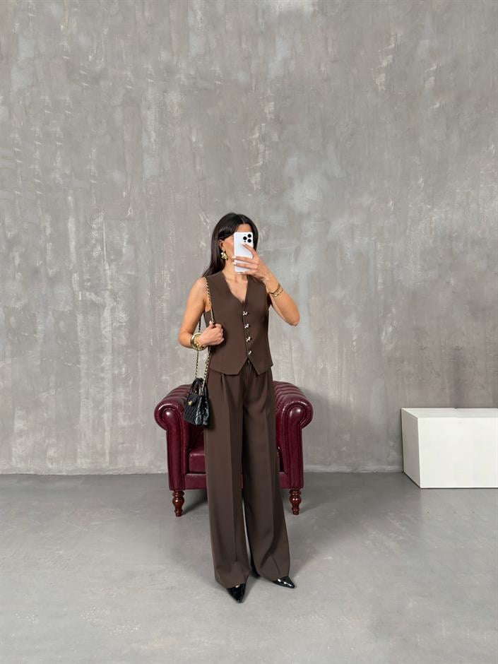 Diana Kahve Fiyonk Düğmeli Astarlı Yelek Pantolon İkili Premium Takım