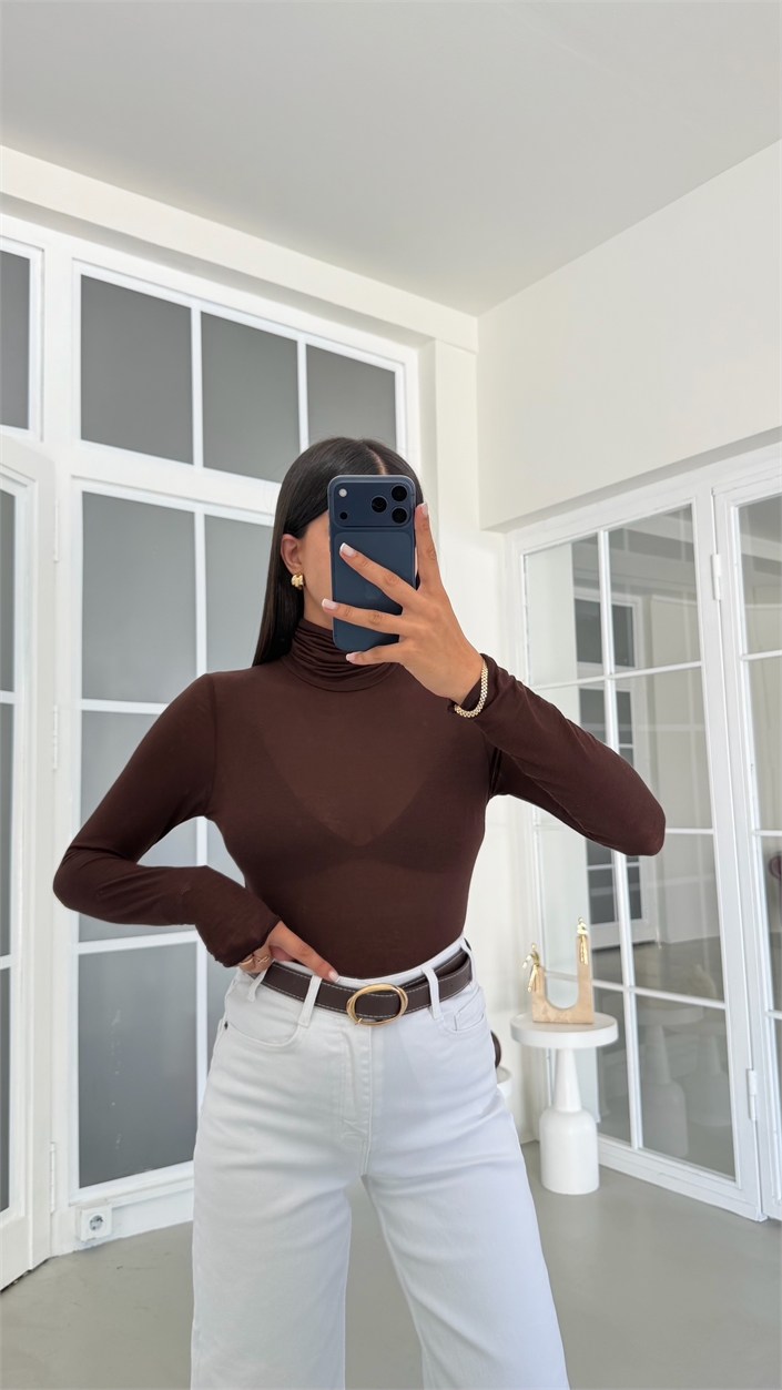 Kahve Balıkçı Yaka Transparan Bluz GAUS-02105