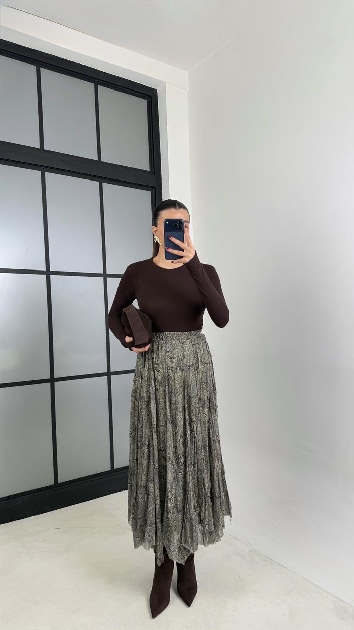 Yeşil Etnik Desenli Astarlı Şifon Etek GAUS-00788