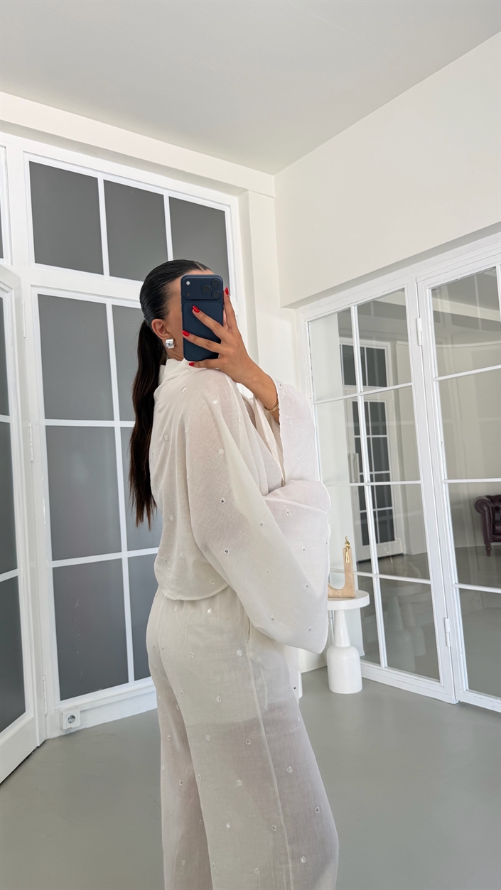 Ekru Pul Detaylı Kimono Beli Lastikli Şalvar Pantolon İkili Premium Takım GAUS-01857