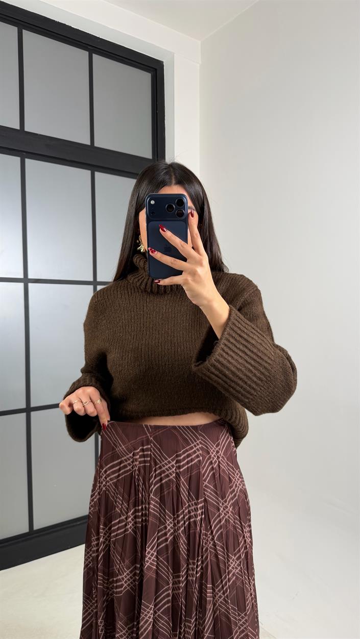 Kahve Ekose Desenli Astarlı Şifon Etek GAUS-00725