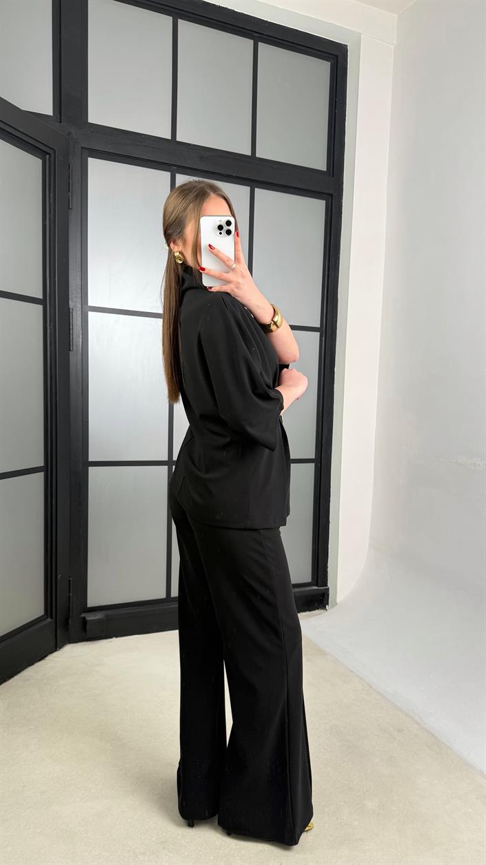 Siyah Zincir Detaylı Bluz Beli Lastikli Pantolon İkili Premium Takım GAUS-01227