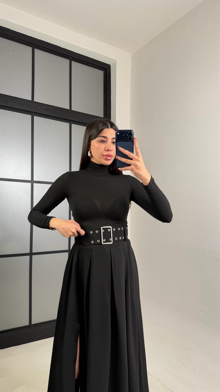 Siyah Yırtmaçlı Kemerli Pinterest Etek GAUS-01068