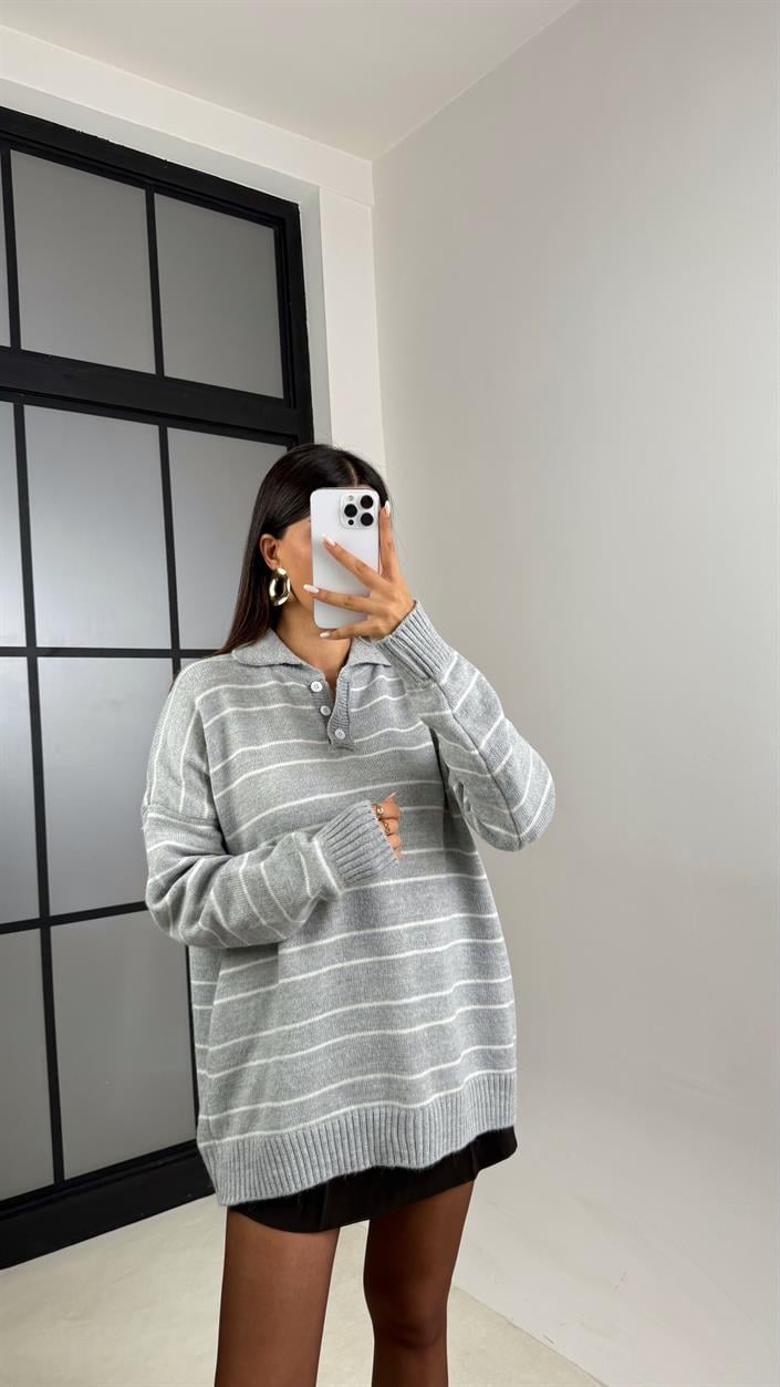 Gri Polo Yaka Çizgili Triko Kazak GAUS-00601