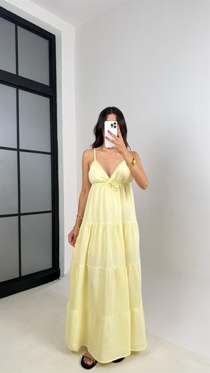 Sarı Ayarlanabilir Askılı Dantel Detaylı Müslin Elbise GAUS-001