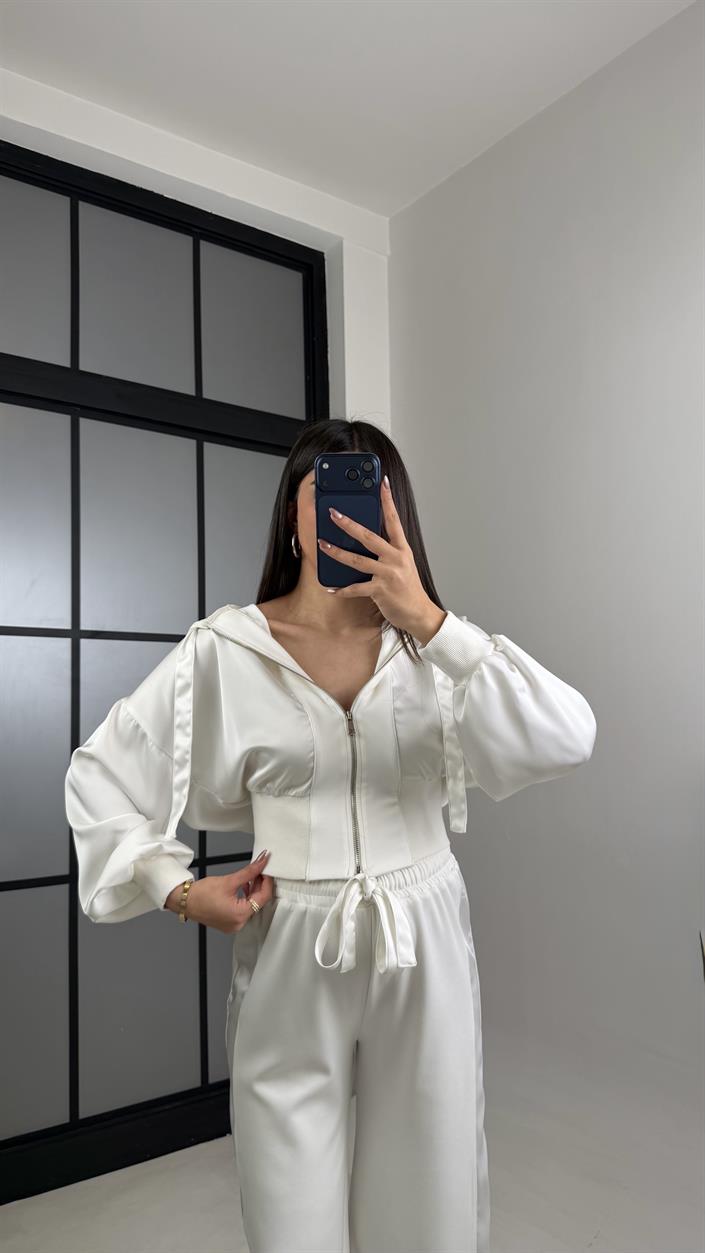 Beyaz Saten Detaylı Hırka Beli Lastikli Pantolon Tasarım Takım GAUS-01096