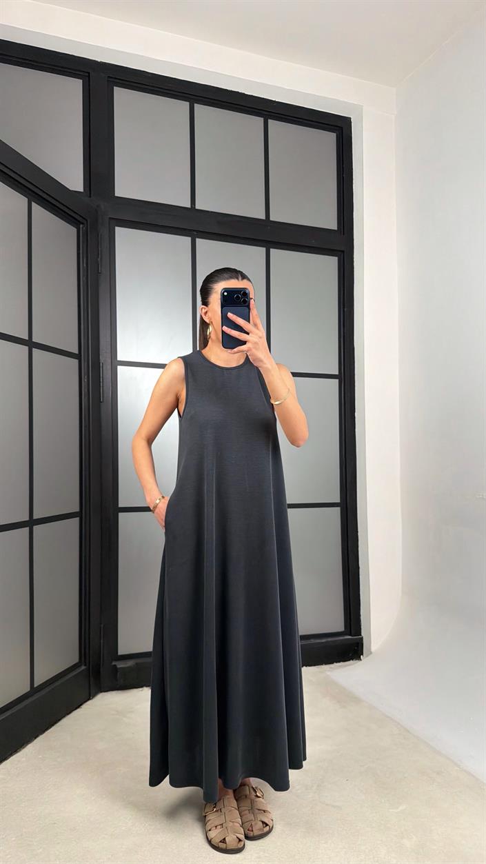 Füme Sıfır Kol Basic Modal Kumaş Elbise GAUS-01329