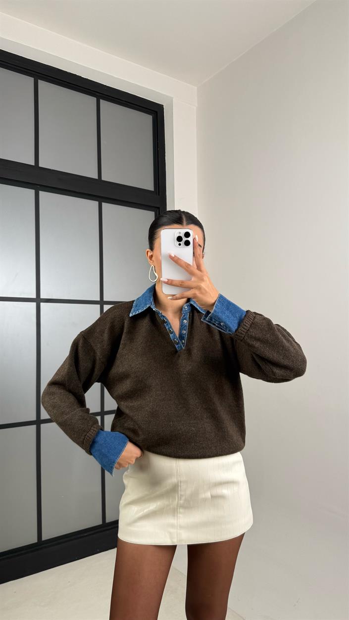 Acı Kahve Denim Yaka Detaylı Kazak GAUS-00507