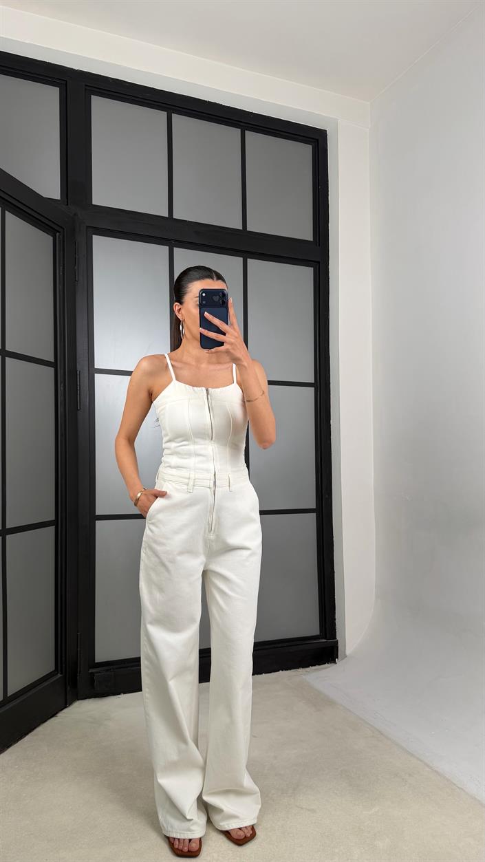 Ekru Ayarlanabilir Askılı Denim Tulum GAUS-01521