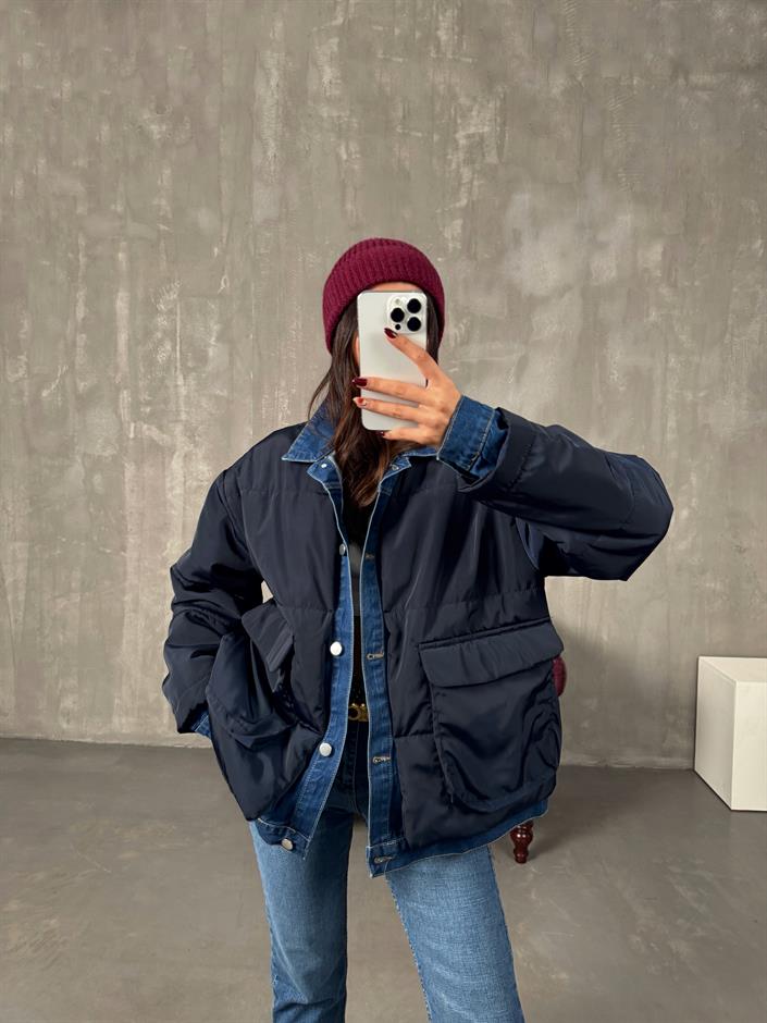 Jovi Lacivert Denim Detaylı Astarlı Tasarım Şişme Mont